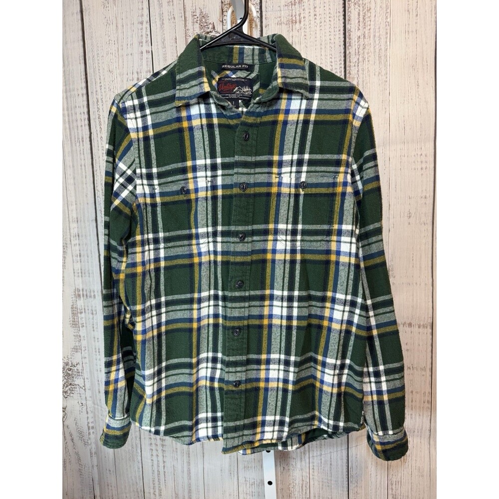 Old Navy Vintage Flannels Men’s Button Down Shirt Small Plaid Green Blue Yellow